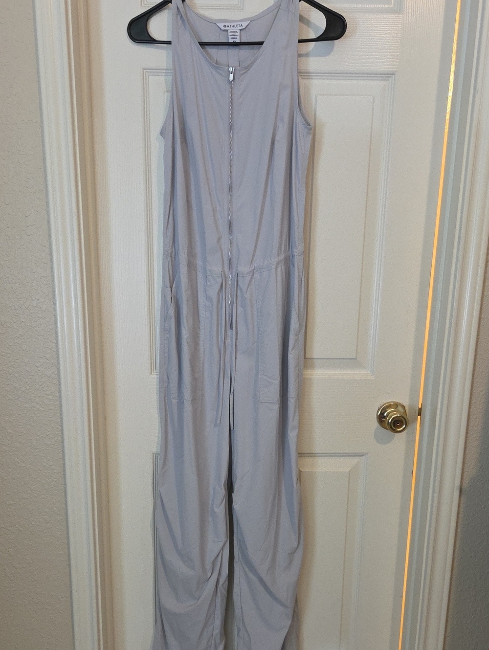 NWOT Athleta Light Gray Sleeveless Zip-Front Jumpsuit with Drawstring